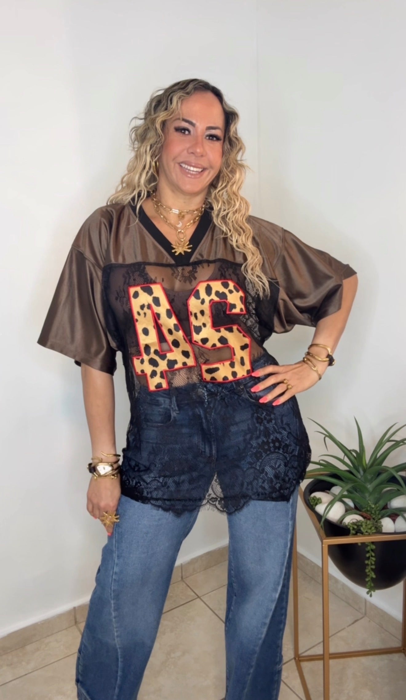 Brown Leopard Jersey Lace Top