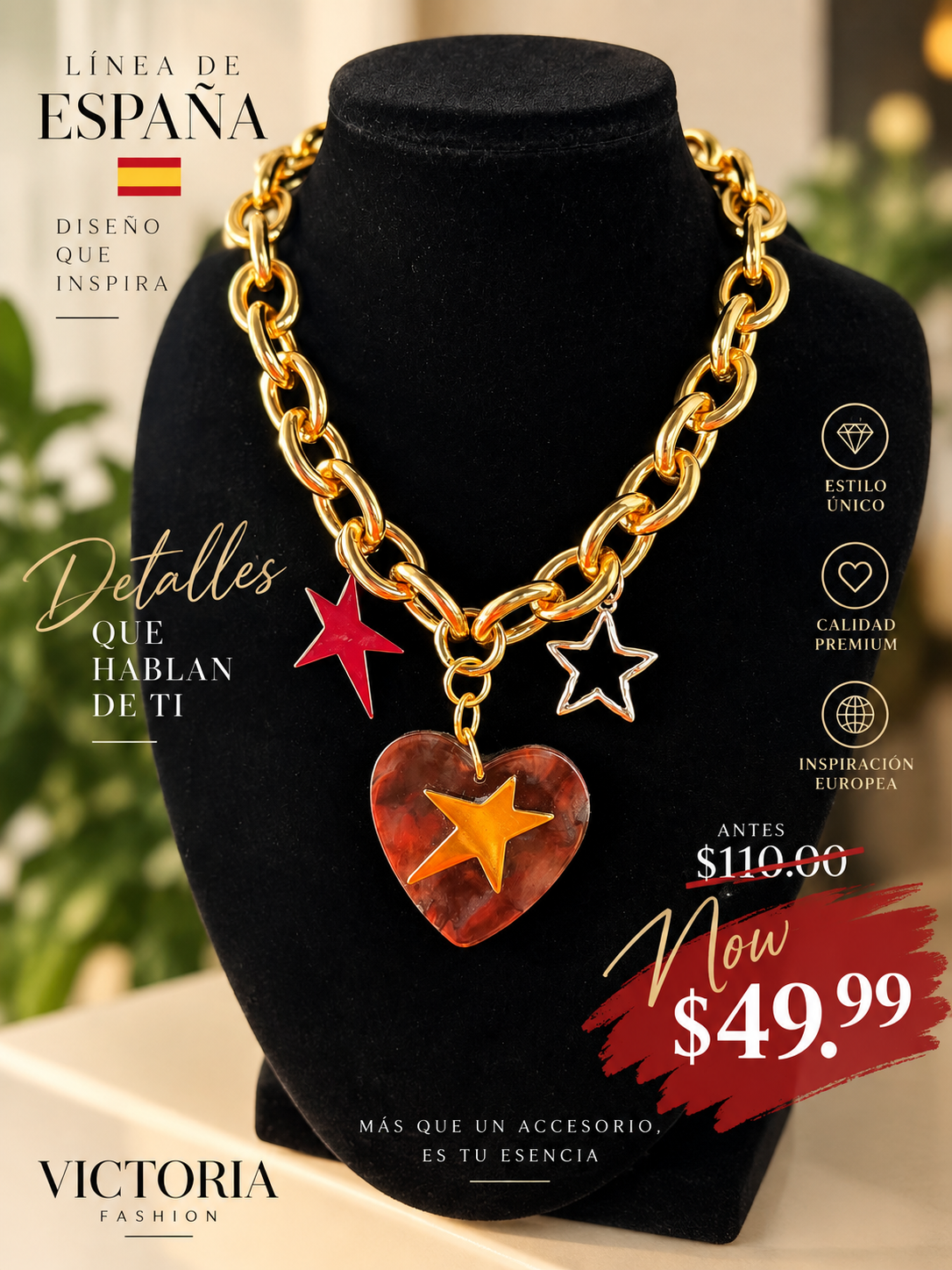 Collar Acrílico Corazón Cadena Chunk Oro VENTA FINAL
